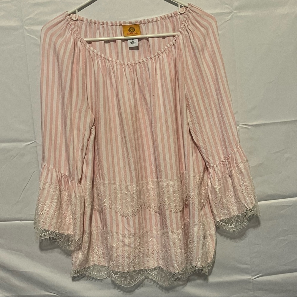 RUBY RD, Women’s, Pink/White Striped with Lace, Long Sleeve Blouse, Size Medium